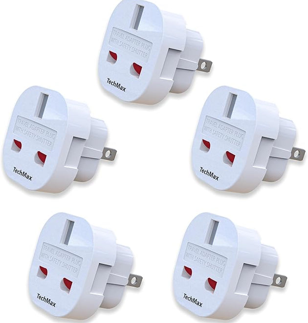TechMax Pack of 5 UK to US Plug Adaptor Type G to Type A and B UK to USA, Canada, Japan, Thailand, Mexico, Jamaica, Dominican Republic, Barbados, China and more 2 Pin Flat Travel Adapter